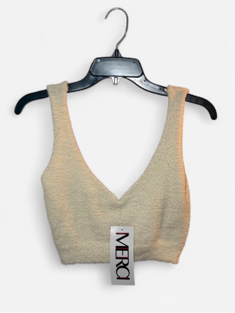 Rivir Merci Cream V-Neck Cropped Fluffy Knit Tank Top NWT Size Small